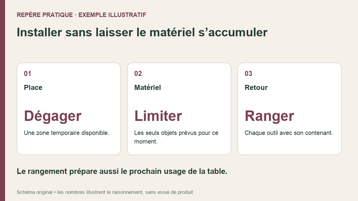 Installer puis ranger son espace de manucure sur une table partagée Installer sans laisser le matériel s’accumuler. Place : Une zone temporaire disponible.; Matériel : Les seuls objets prévus pour ce moment.; Retour : Chaque outil avec son contenant.